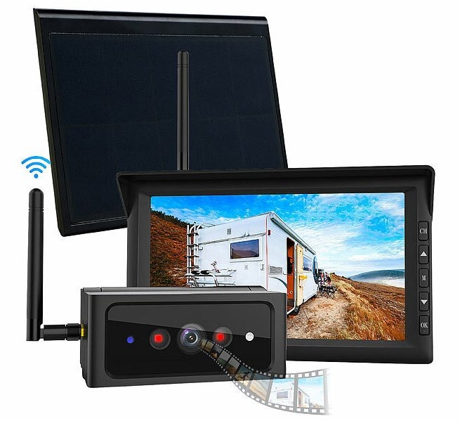 Lescars 2in1-Solar-Funk-Rückfahrkamera- &amp; Überwachungs-Set PA-610, Full HD 7&quot;-Monitor mit optionaler Erweiterungskamera: Zum schnellen &amp; einfachen Nachrüsten des Wohnmobils, Lkws, Vans u.v.m.