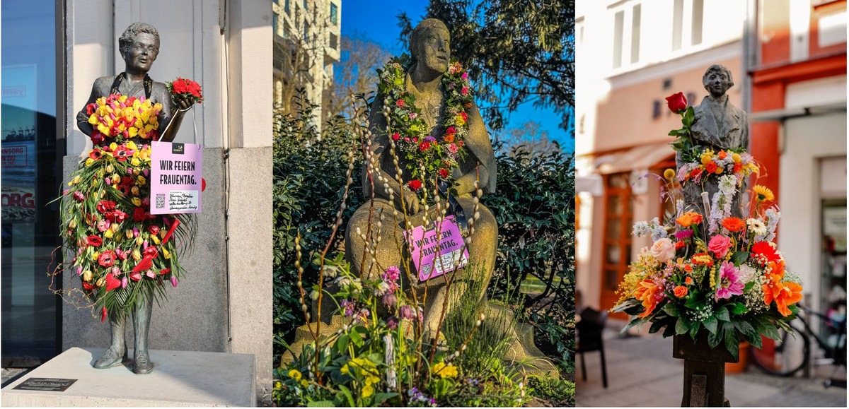 Fleurop setzt drittes Jahr in Folge ein Zeichen zum Internationalen Frauentag / Blumenschmuck für weibliche Statuen und Denkmäler deutschlandweit