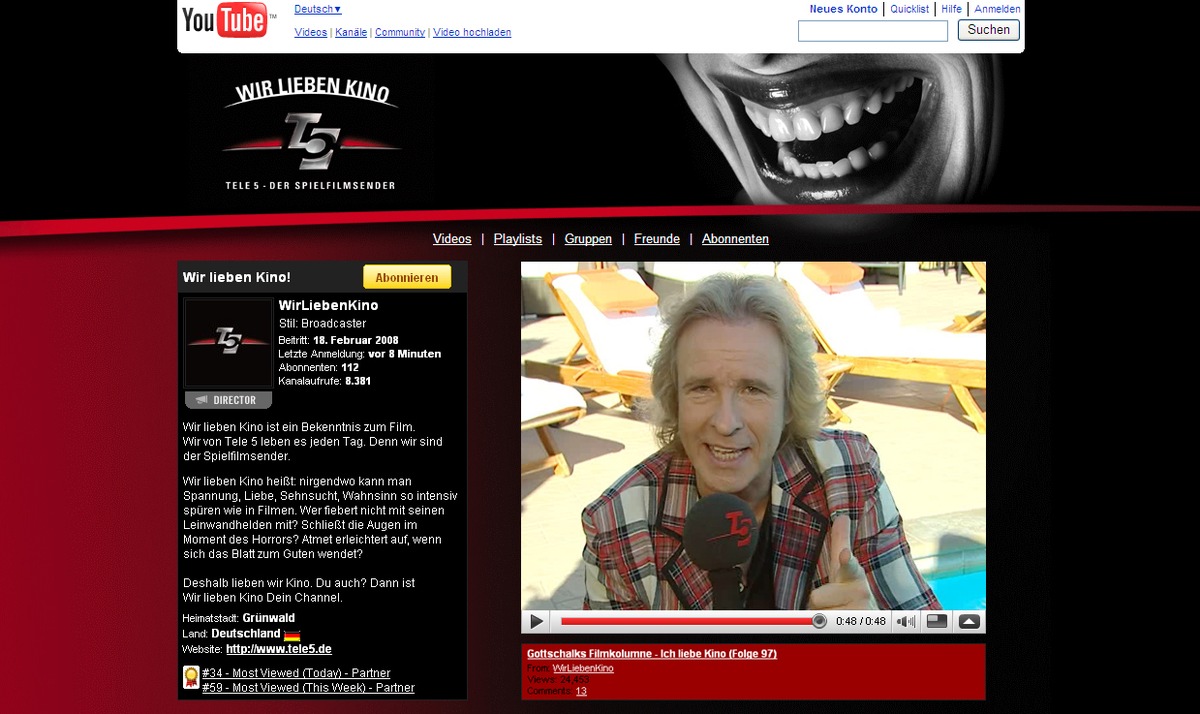 Thomas Gottschalk goes YouTube Tele 5: Brand Channel &quot;Wir lieben Kino&quot;