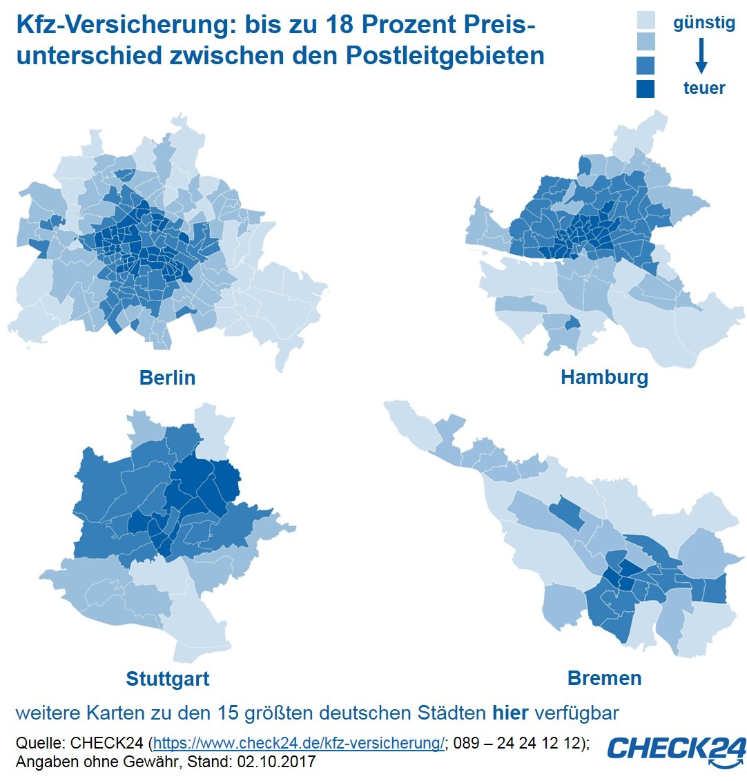 Kfz-Versicherung: Beitrag variiert in derselben Stadt um bis zu 18 Prozent