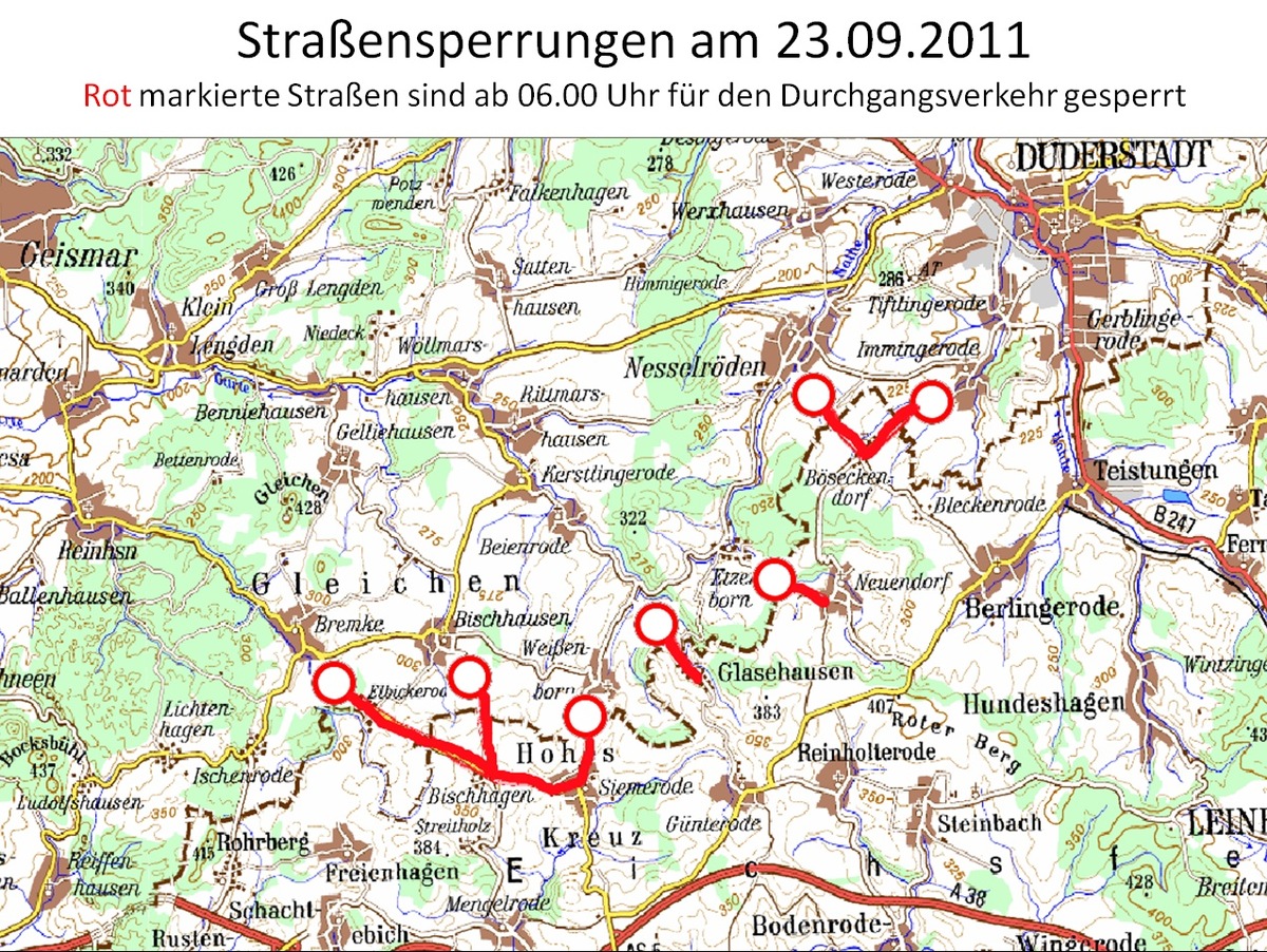 POL-GOE: (629/2011) Abgestimmtes Verkehrskonzept sieht Straßensperrungen im östlichen Landkreis Göttingen vor - Polizei rät Verkehrsteilnehmern, längere Fahrzeiten einzuplanen