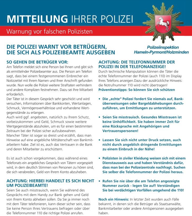 POL-HM: Erneute Anrufe durch &quot;falsche Polizeibeamte&quot; im Weserbergland - Seniorinnen in Hameln und Hess. Oldendorf reagieren richtig - die Polizei wiederholt ihre Hinweise