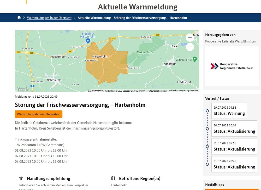 FW-SE: Dritte Folgemeldung zum Trink- und Brauchwasserausfall in der Gemeinde Hartenholm