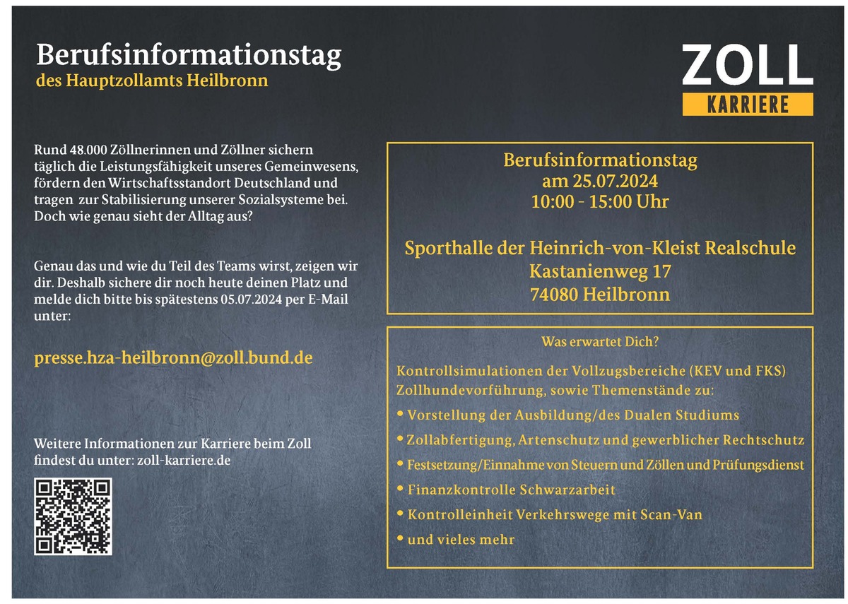 HZA-HN: Zoll Schnuppertag am 25. Juli 2024/Veranstaltung für ausbildungs- und studieninteressierte Jugendliche oder &quot;Neudurchstarter&quot;