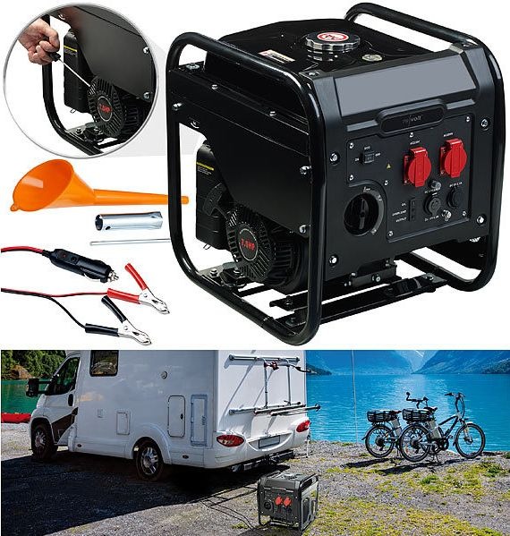 revolt Benzin-Inverter-Generator BIG-275, 3.800 Watt, 2x 230 Volt, 1x 12 Volt, 2x USB, 12 l: Schwankungsfreier Stromerzeuger für Schrebergarten, bei Stromausfall u.v.m.