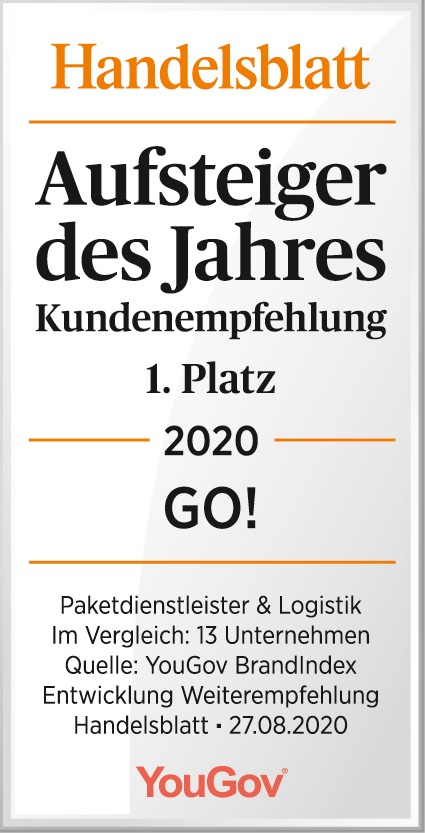 Handelsblatt kürt GO! zur Aufsteigermarke des Jahres 2020 / Ranking zur Kundenempfehlung - GO! auf Platz 1 der Paket- und Logistikdienstleister und auf Platz 6 der TOP-Aufsteiger