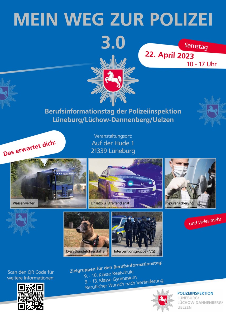 POL-LG: ++ Lüneburg - Berufsinformationstag &quot;Mein Weg zur Polizei 3.0&quot; am Samstag, 22. April 2023 ++