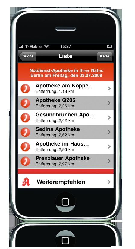 Sinnvolle &quot;App&quot;: Apotheken-Notdienst via iPhone Nr. 1 der Apple-Dienstprogramme / Viel Lob für Service der 22 8 33-Familie