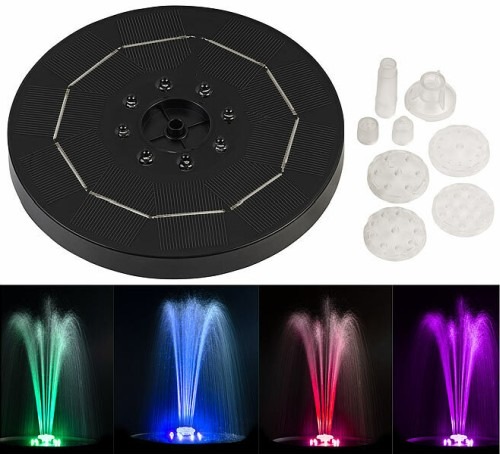 Royal Gardineer LED-Solar-Springbrunnen, 3 Watt, 7 Farben, 8 RGB-LEDs, Akku, 6 Düsen bzw. 7 Düsen: Dank Sonnenenergie für schöne Wasserspiele im Garten sorgen