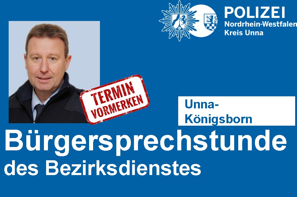 POL-UN: Unna- Bürgersprechstunde des Bezirksdienstes der Polizei in Königsborn
- Bezirksbeamter Horst Kleinert bietet am 29.01.2019 Informationen und Hilfe an