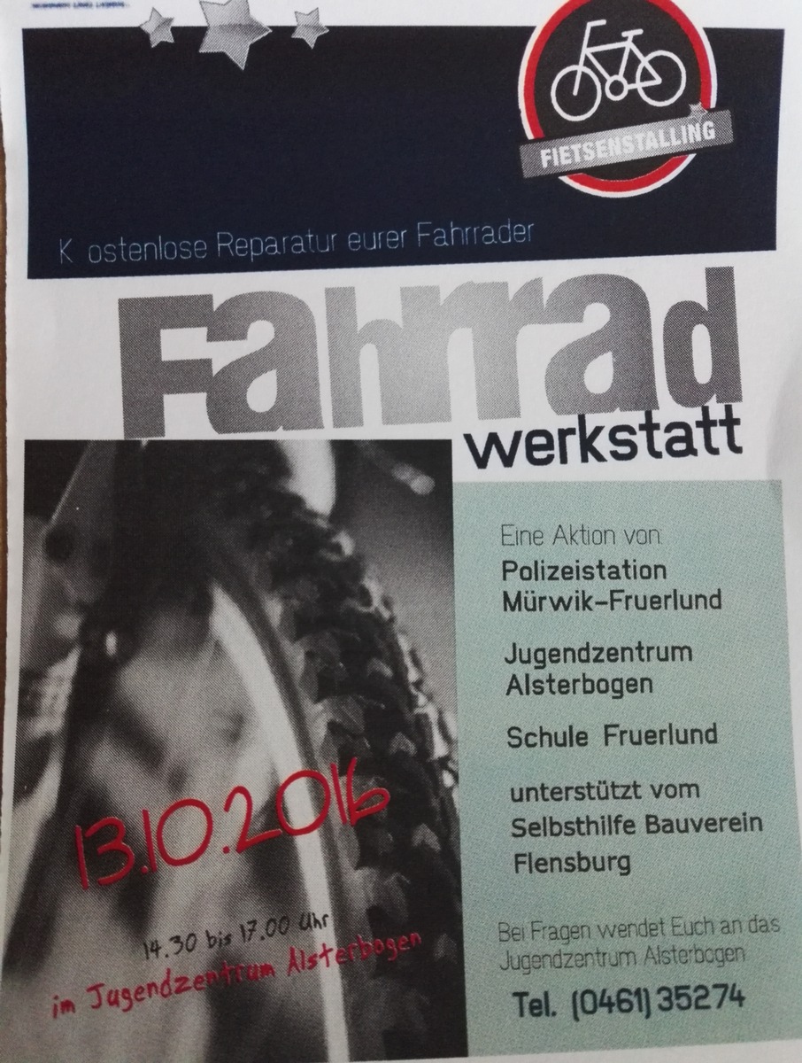 POL-FL: Flensburg - Polizisten im Schrauberdress: Fahrradwerkstatt in Mürwik/Fruerlund am Donnerstag, 13.10.2016, 14:00 Uhr