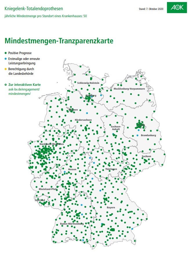 AOK-Karte zeigt: 1.075 Kliniken dürfen nächstes Jahr Mindestmengen-relevante Behandlungen durchführen