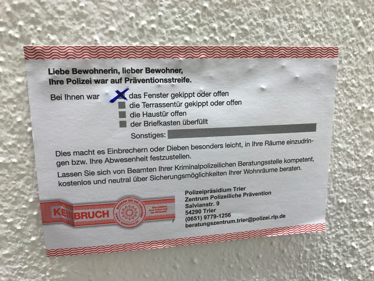 POL-PPTR: Fenster gekippt, Garage offen, Fahrrad nicht abgeschlossen - Leichtes Spiel für Einbrecher und Diebe