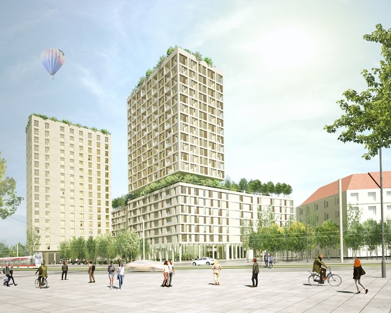 Nürnberg erhält ein Holzhybrid-Hochhaus mit Tiny Forest im Süden der Stadt direkt neben dem N-ERGIE Bestandsturm