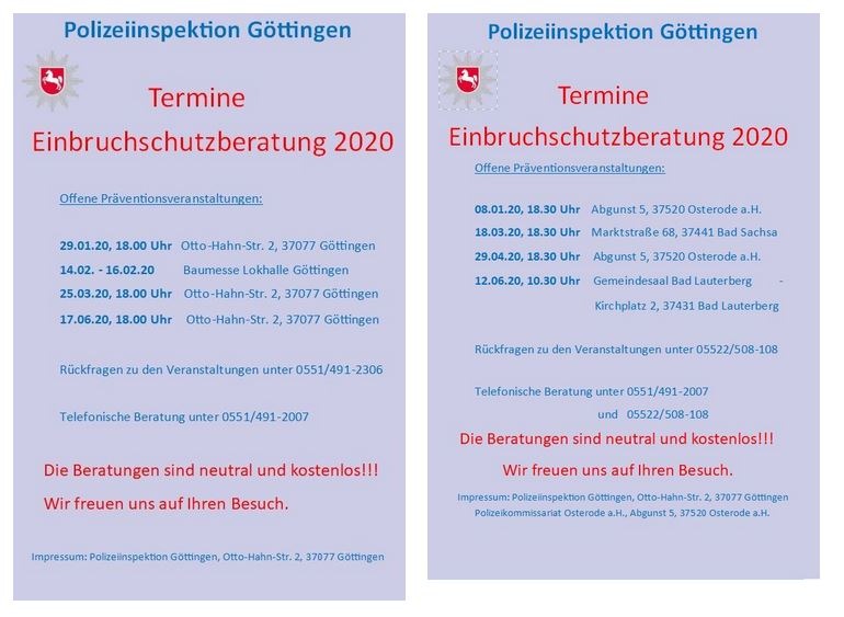 POL-GÖ: (110/2020) &quot;Corona-Virus&quot; - Öffentliche Präventionsveranstaltungen der Polizei zum Thema &quot;Einbruchschutz&quot; am 18. März in Bad Sachsa und 25. März in Göttingen abgesagt!