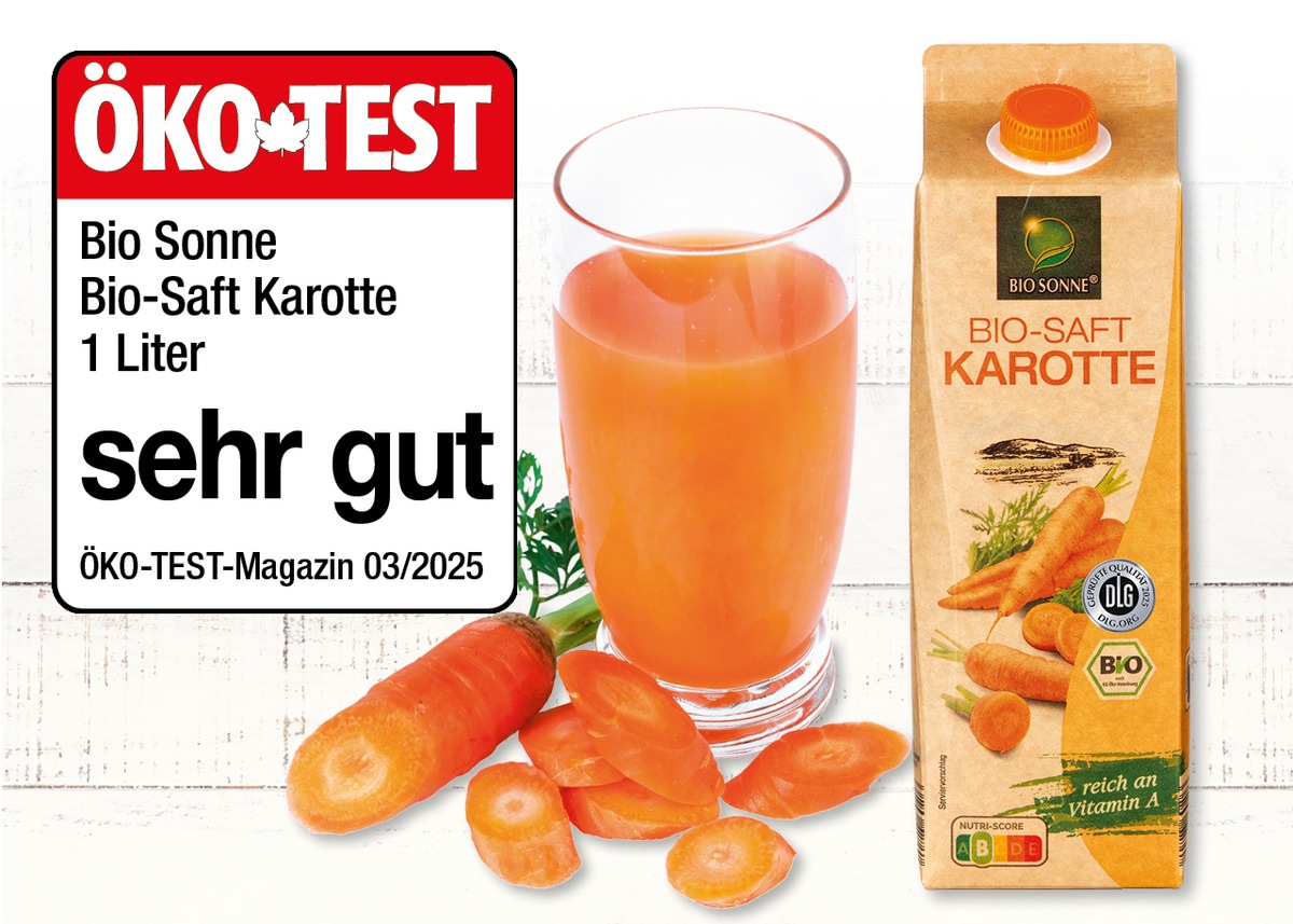 NORMA Bio-Saft Karotte der Eigenmarke BIO SONNE erhält beim ÖKO-TEST die Note &quot;sehr gut&quot; / Starke Bewertung im Getränke-Sortiment