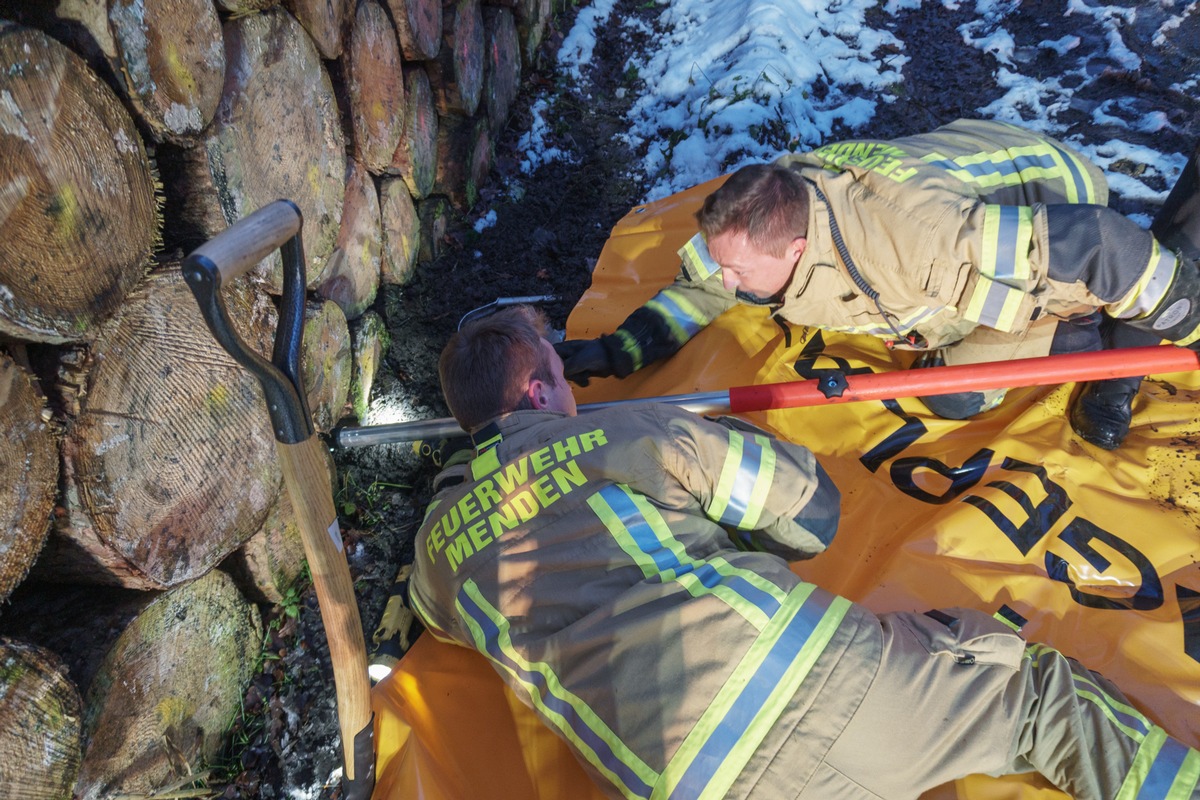 FW Menden: Feuerwehr befreit Hund &quot;Alwin&quot; aus Baumstapel