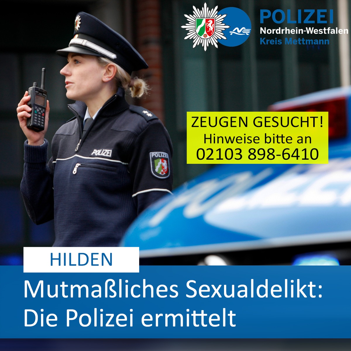 POL-ME: Mutmaßliches Vergewaltigungsdelikt: Polizei ermittelt und bittet um Zeugenhinweise - Hilden - 2311027