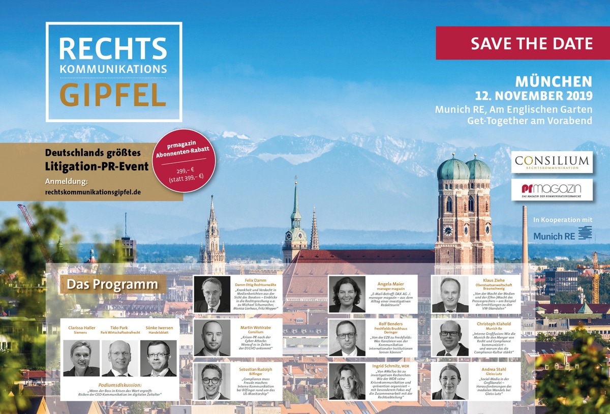 Rechtskommunikationsgipfel 2019 am 12. November in München / Programm und Anmeldung