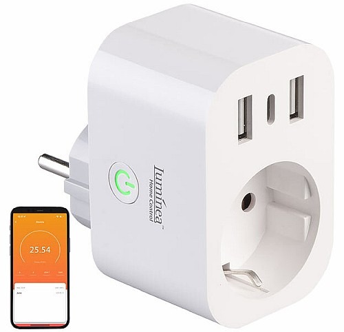 Stromkosten messen und per App steuern: Luminea Home Control WLAN-Steckdose SF-515.avs mit Energiekostenmesser, 1 x USB-C 20 Watt, 2 x USB-A, 16A