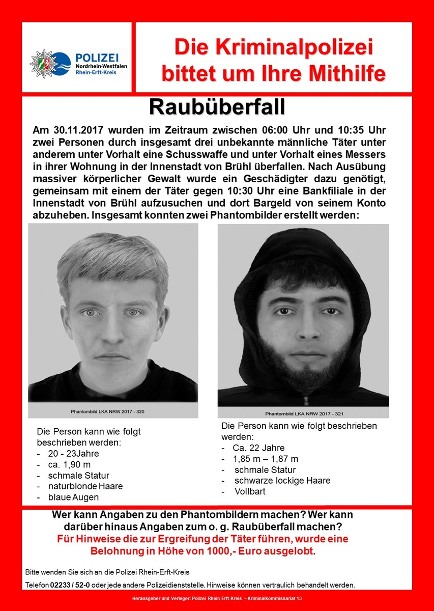 POL-REK: 171215-1: Raubüberfall in Wohnung-Belohnung/ Brühl