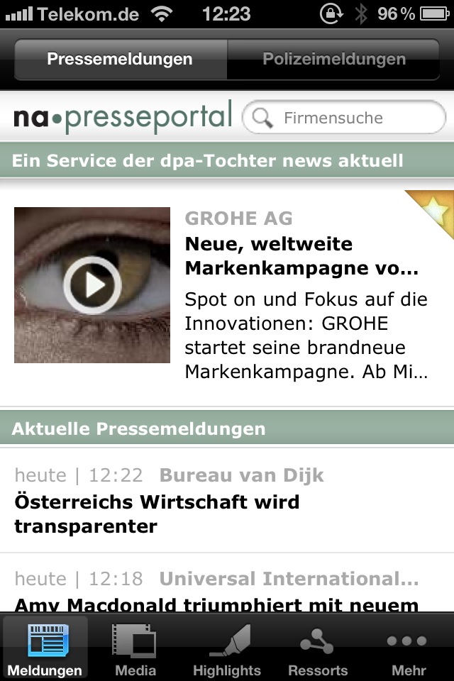 Unternehmensinformationen jetzt noch einfacher abonnieren mit der neuen App-Version von Presseportal.de (BILD)