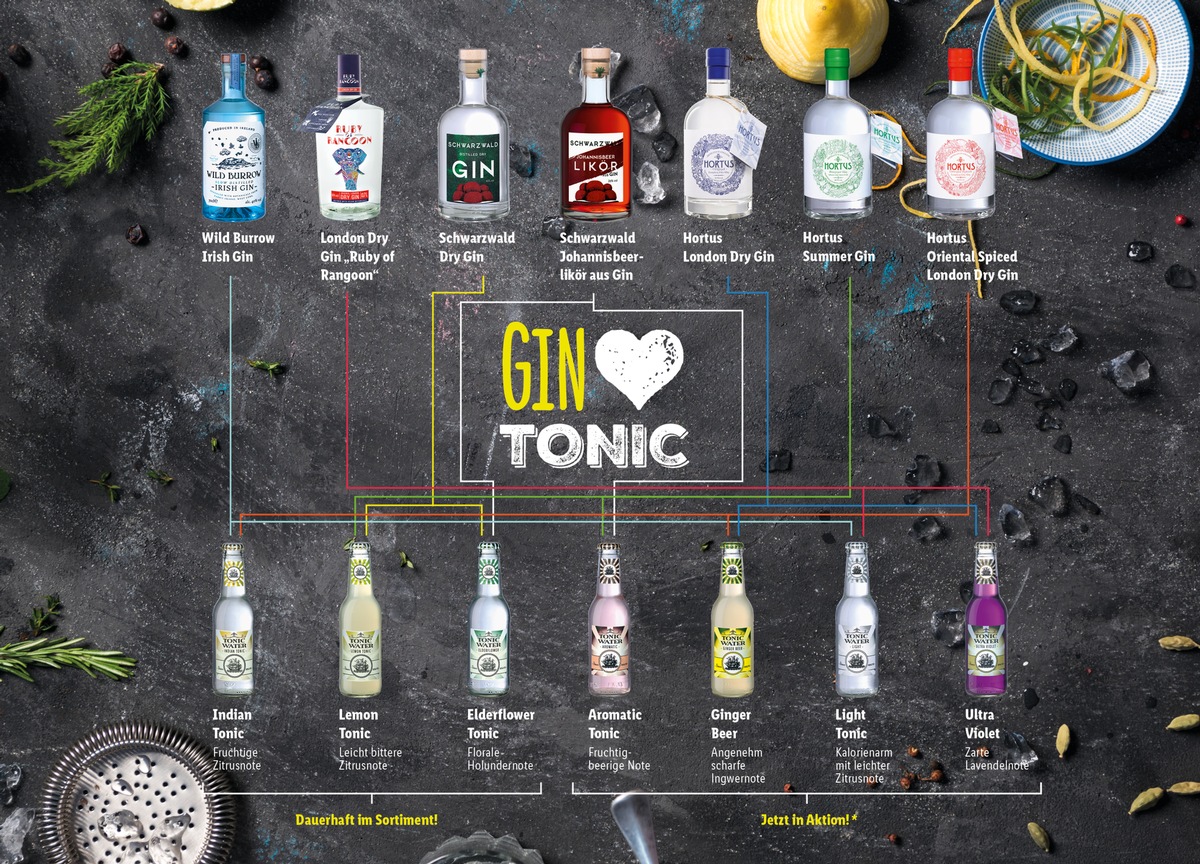 &quot;Entdecke den Gin des Lebens&quot; mit Lidl / Ausgefallene Gins und hochwertige Tonic Waters bundesweit in allen Lidl-Filialen (FOTO)