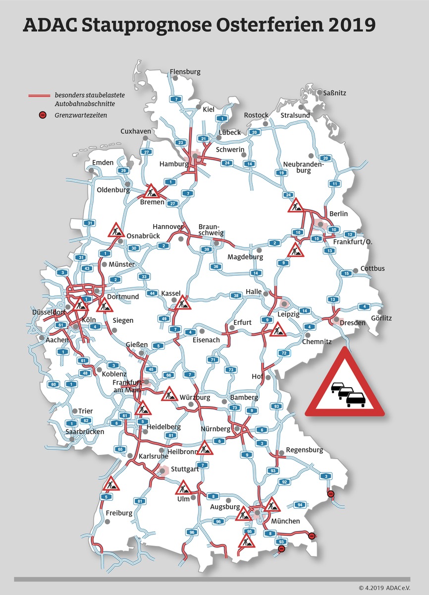 Nur kurze Zwangspausen zum Ende der Osterferien / ADAC Stauprognose für 26. bis 28. April