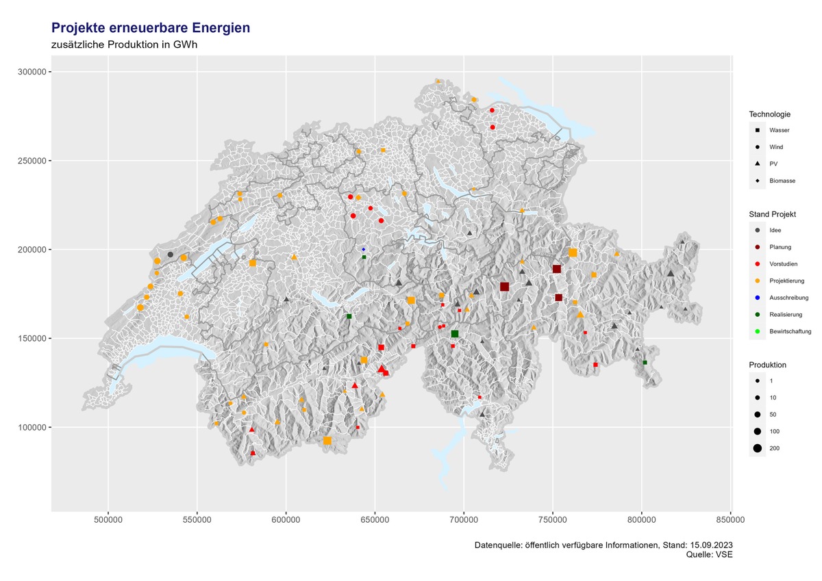 Erneuerbare Energien: Der VSE zeigt erstmals eine Übersicht der bekannten Ausbauprojekte in der Schweiz