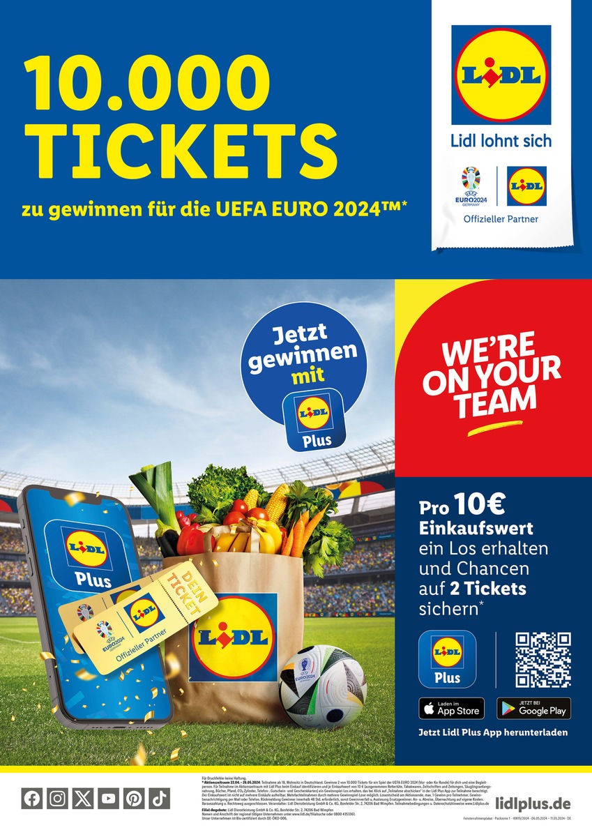 Exklusive Verlosung bei Lidl Plus: 10.000 Fußballtickets für UEFA EURO 2024 TM zu gewinnen