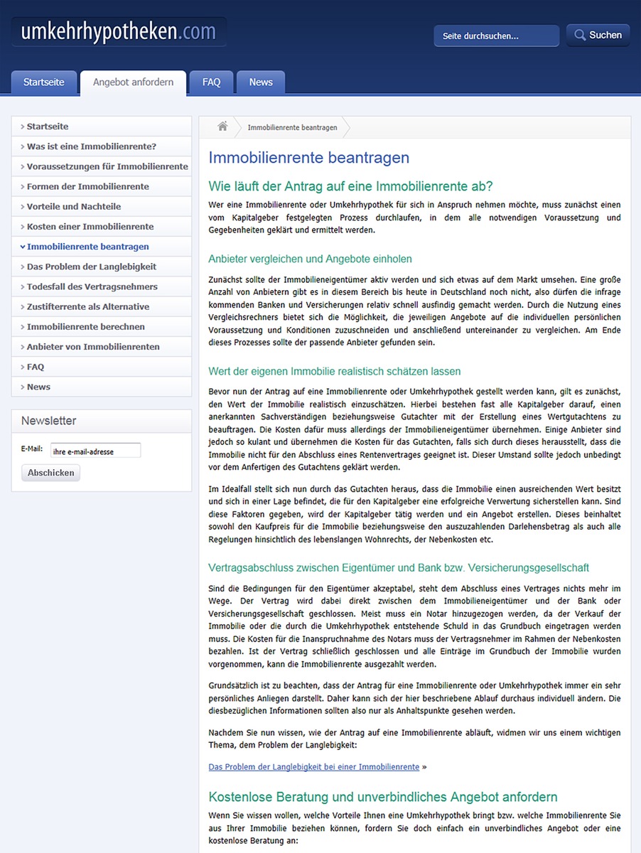 Altersvorsorge immer noch heiß diskutiert / In den USA gibt es schon länger Altersvorsorge-Modelle wie die &quot;Immobilienrente&quot; / Auf www.umkehrhypotheken.com gibt es mehr Informationen zu diesem Thema (BILD)