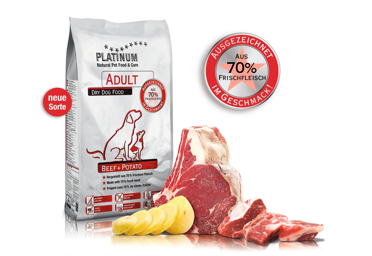 Fleischig-lecker: Adult Beef+Potato - die neue Sorte PLATINUM-Trockennahrung