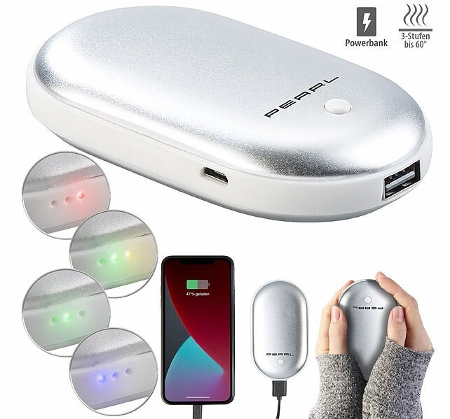 Lädt Mobilgeräte und wärmt kalte Hände: PEARL 2in1-Powerbank PB-280 mit Handwärmer, 4.000 mAh, 3 Temperaturstufen, silber