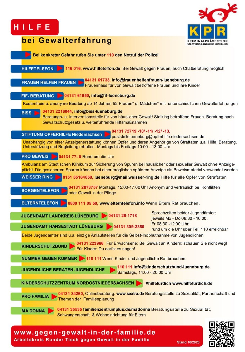 POL-LG: ++ Anhang zum Sachverhalt: Lüneburg - Häusliche Gewalt - Alkoholisierter Mann schlägt Frau - Hinweise ++
