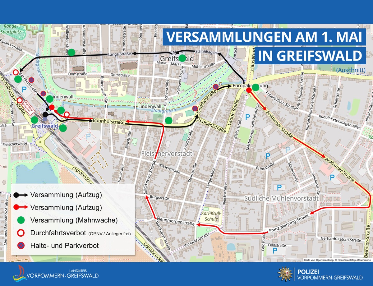 POL-ANK: Gemeinsame Pressemitteilung des Landkreises Vorpommern-Greifswald und der Polizeiinspektion Anklam anlässlich mehrerer Versammlungen am 1. Mai 2021 in Greifswald