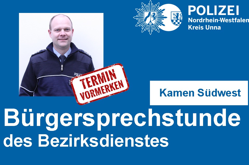 POL-UN: Kamen - Bürgersprechstunde des Bezirksdienstes der Polizei im Bürgerhaus Kamen Methler
- Bezirksbeamter Marc Westerhoff bietet am 01.04.2019 Informationen und Hilfe an -