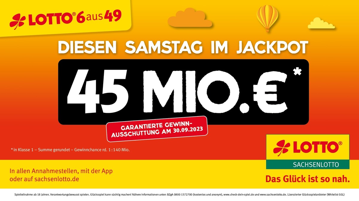 LOTTO 6aus49: 45 Millionen Euro gehen am Samstag definitiv raus