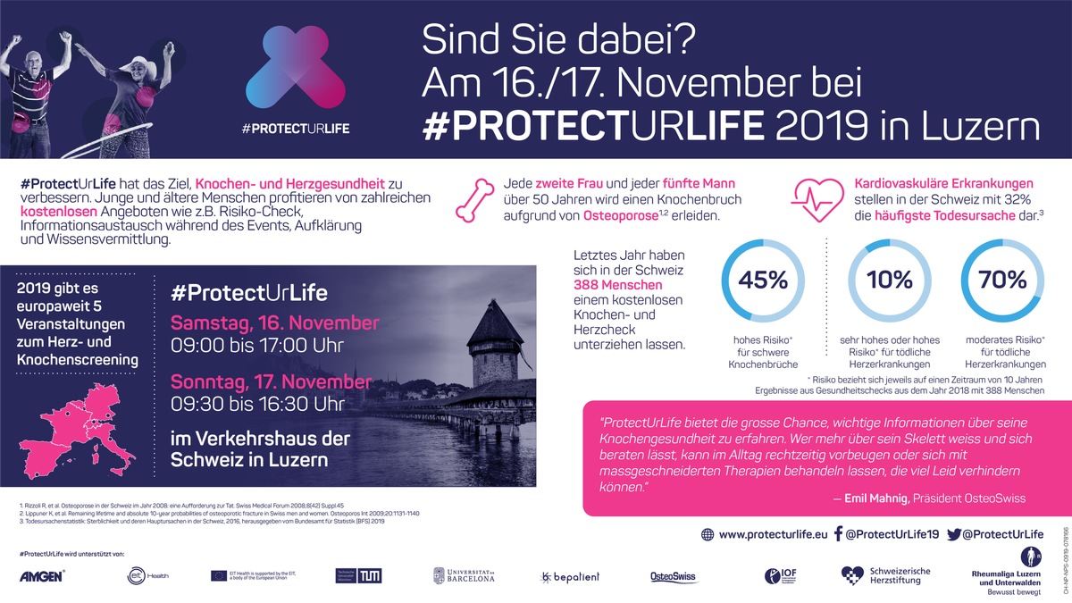 Aufklärungsveranstaltung #ProtectUrLife von Amgen im Verkehrshaus Luzern bietet kostenlose Gesundheitschecks an, um erhöhtes Risiko für Osteoporose oder Herz-Kreislauf-Erkrankungen zu erkennen