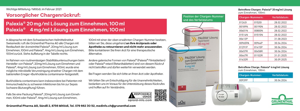 Vorsorglicher Chargenrückruf: Palexia®, 20mg/ml Lösung zum Einnehmen, 100ml und Palexia®, 4mg/ml Lösung zum Einnehmen, 100ml