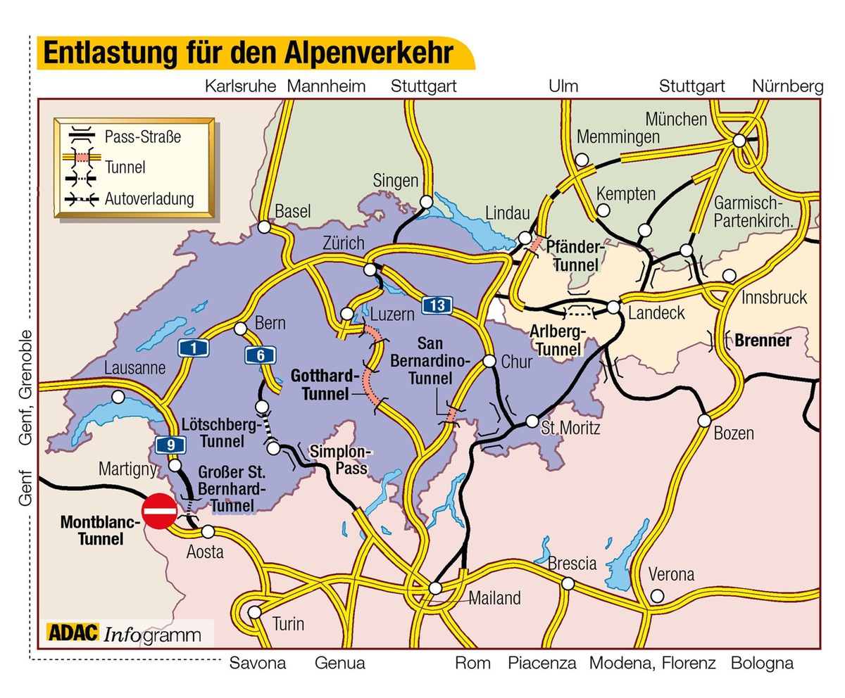 ADAC begrüßt Wiedereröffnung des Gotthard-Tunnels / Entlastung für den Alpenverkehr / Ruf nach schneller Modernisierung und zweiter Röhre