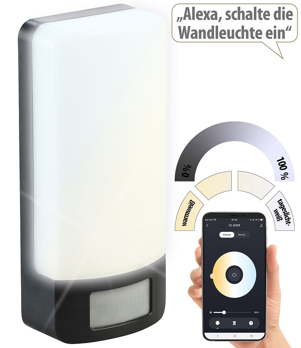 Luminea Home Control CCT-LED-Außen-Wandleuchte mit PIR-Sensor, 10 Watt, 850 lm, IP44, App: Automatisches Licht im Dunkeln - für mehr Sicherheit rund um das Haus