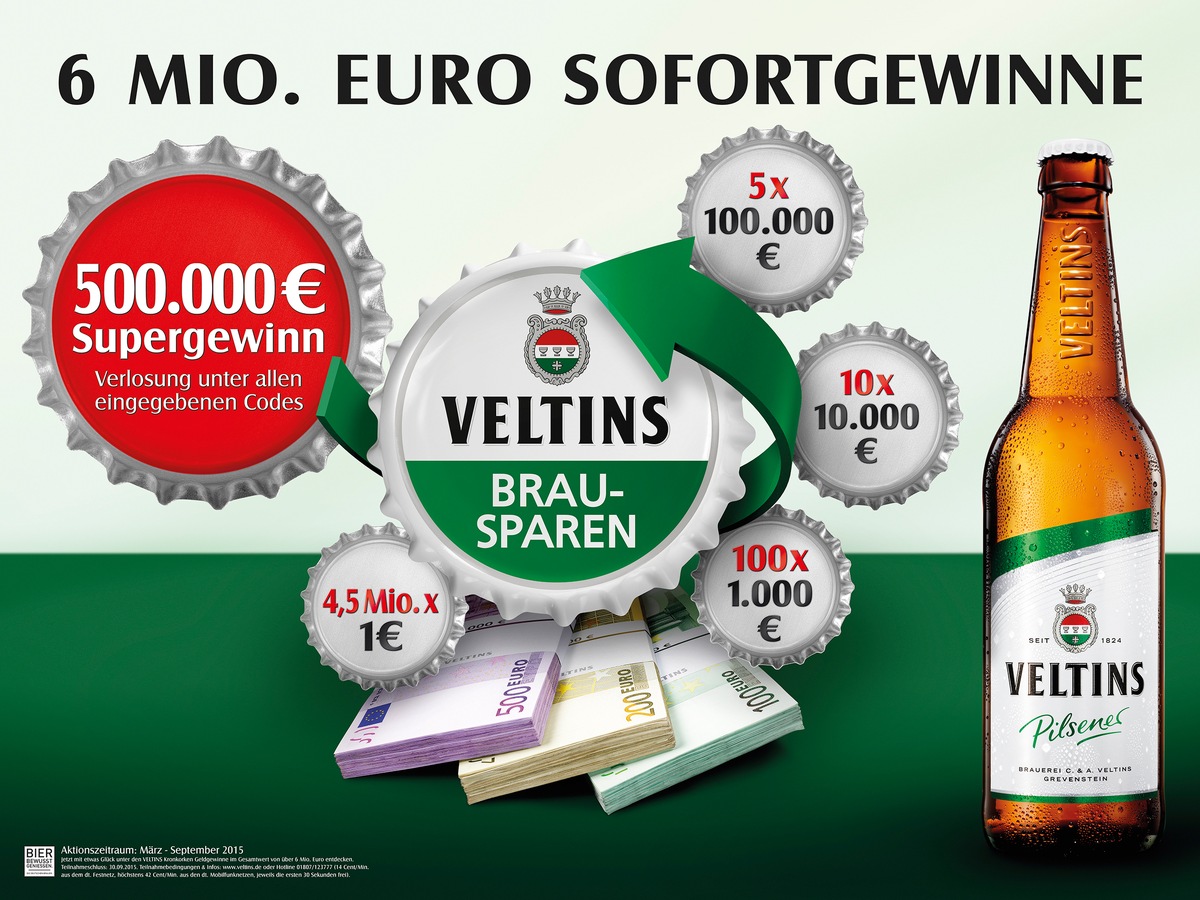 6 Mio. Euro in bar bei beliebter Kronkorken-Aktion: Veltins Brausparen 2015 mit Super-Gewinn von 500.000 Euro