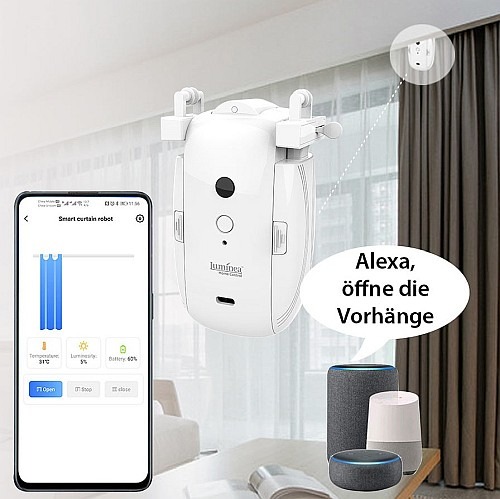 Vorhang und Gardine smart steuern: Luminea Home Control Smarter 3in1-Universal-Vorhangmotor mit Akku, Bluetooth, App und Timer