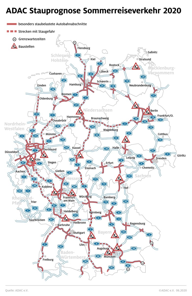 Sommerferien-Start in fünf Bundesländern / ADAC Stauprognose für 26. bis 28. Juni