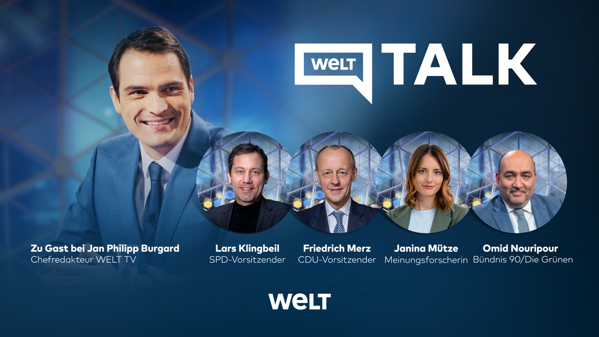 WELT TALK am Mittwoch, 27. September, um 15.45 Uhr mit Lars Klingbeil (SPD), Friedrich Merz (CDU), Janina Mütze (Civey) und Omid Nouripour (Bündnis 90/Die Grünen)