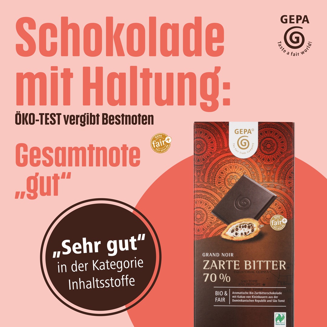 Bestnote Gut für GEPA Grand Noir Zarte Bitter 70% / ÖKO-TEST überprüft 21 Zartbitterschokoladen auf Unternehmensverantwortung und Inhaltsstoffe