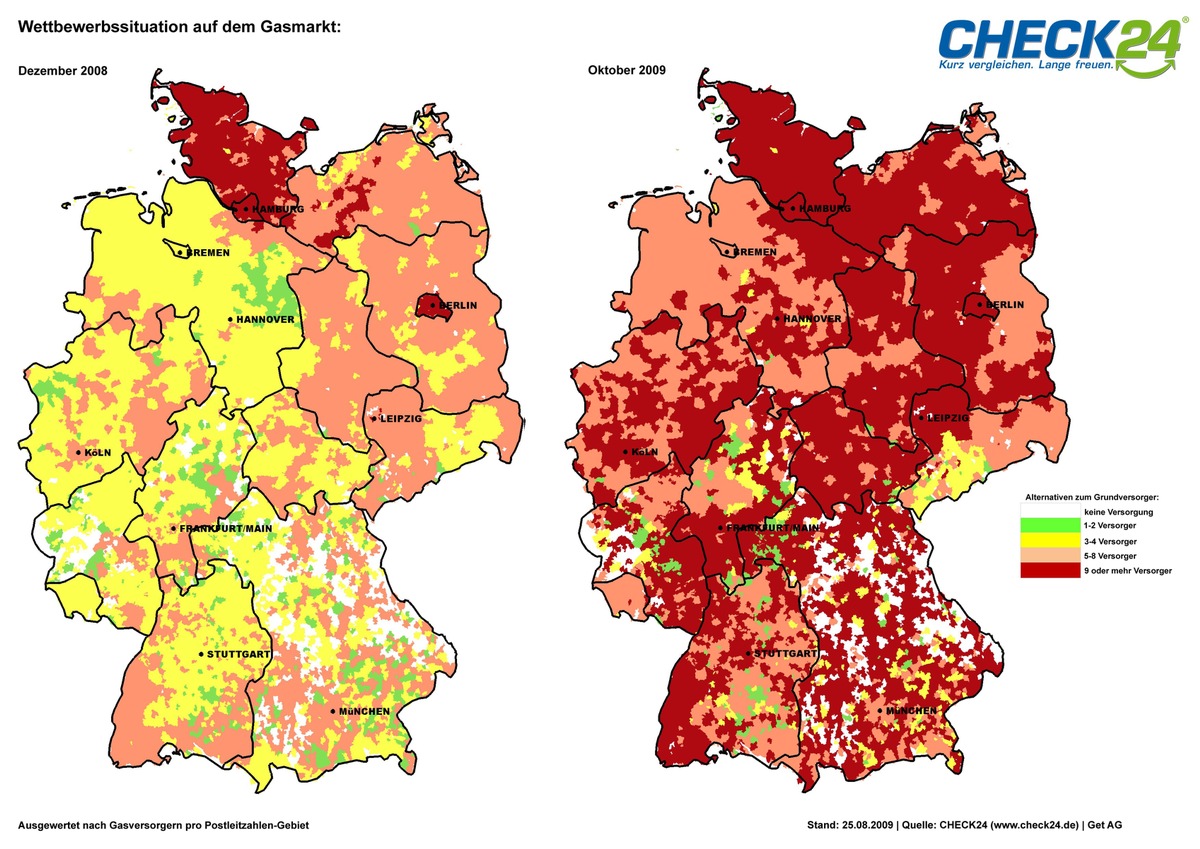 Gaspreise sinken um bis zu 30 Prozent trotz beginnender Heizperiode - vereinzelte Erhöhungen geplant (mit Grafik) / Flächendeckend mehr alternative Gasanbieter in Deutschland