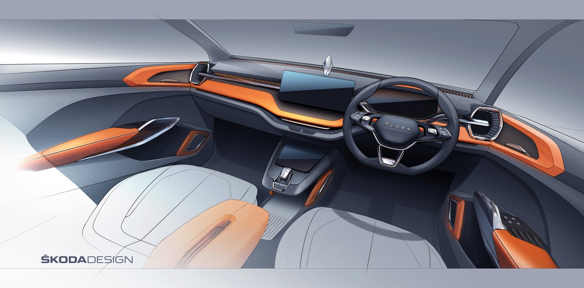 Konzeptstudie SKODA VISION IN: Interieur-Sketch gibt ersten Ausblick auf neues Kompakt-SUV für den indischen Markt (FOTO)