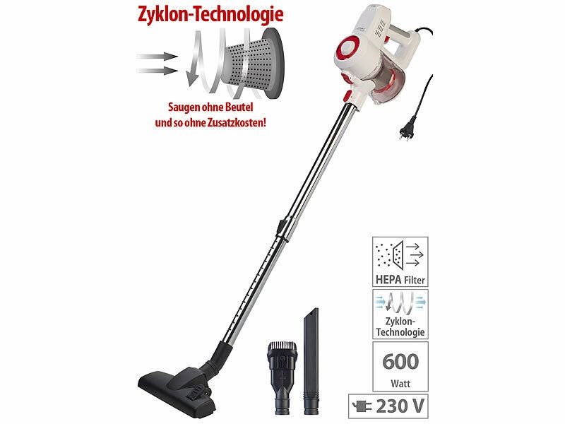 Sichler Haushaltsgeräte 2in1-Zyklon-Staubsauger BHS-100, 600 Watt, 15kPa, HEPA, 600ml Behälter, 7m Kabel: Schmutz und Krümel im Nu entfernen