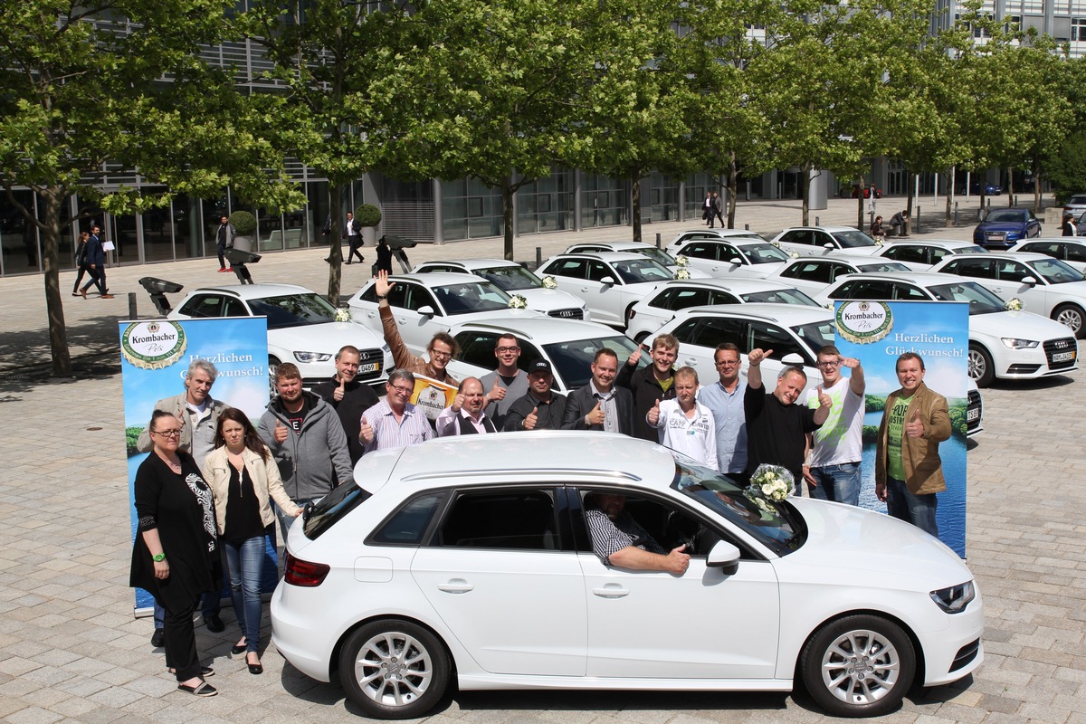 &quot;Öffnen. Gewinnen. Abfahren.&quot; / Krombacher übergibt 18 glücklichen Gewinnern in Ingolstadt ihren neuen Audi A3 Sportback